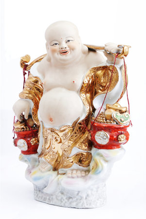 smiling happy budda in chinese culture isolate on white backgroundの写真素材