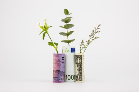 bank notes and plants, currency and financial conceptsの写真素材