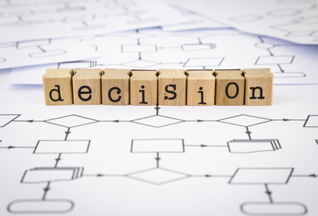 Decision word on rubber wood stamps place on blank analysis process flow chartsの写真素材