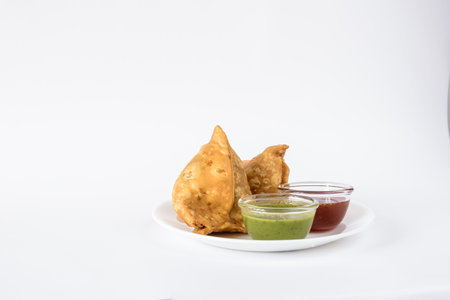 Samosas with Red and Green Chutneyの写真素材