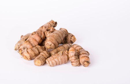 Fresh Turmeric (Curcuma longa) rhizomes on a white backgroundの写真素材