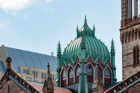 Ornate copper-clad dome atop a Boston churchの写真素材