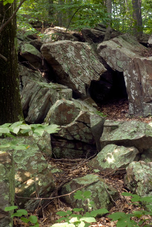 Small cave in a jumble of granite at Connors Farm in Smithfield, RI, USAの写真素材