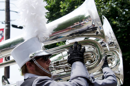 BRISTOL, RHODE ISLAND - JULY 4, 2011:  Horn players in the Fourth of July parade in Bristol, Rhode...