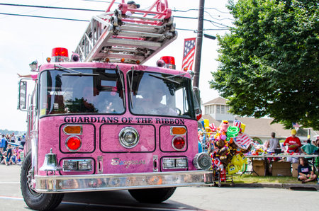 BRISTOL, RHODE ISLAND - JULY 4, 2011: Fire truck helping support fight against women's cancer in...