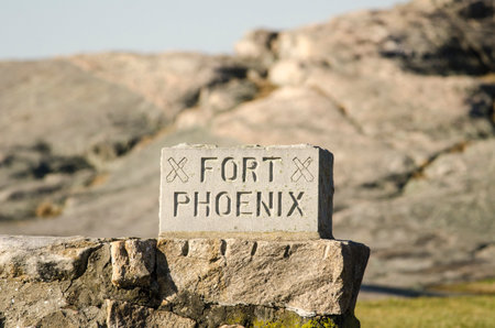 Granite sign identifies site of an historic battle in the American Revolutionの写真素材