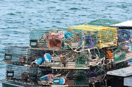 Lobster traps stacked on stern of boat