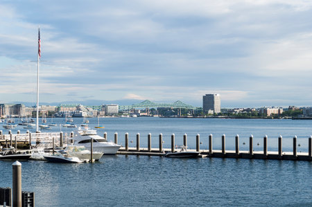 Boston, Massachusetts, USA - June 9, 2016: View across Boston harbor from South Boston to Tobin Bridge and East Bostonのeditorial素材