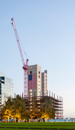 South Boston, Massachusetts, USA - September 29, 2016: View across Fan Pier Park of steel frame rising at 50 Liberty project on Harborwalk in South Bostonのeditorial素材