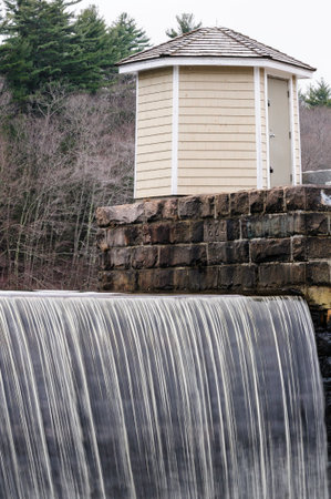 Small shed near lip of Barden Reservoir waterfallのeditorial素材