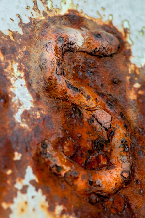 Rusting corroded numeral on side of fishing boatの写真素材