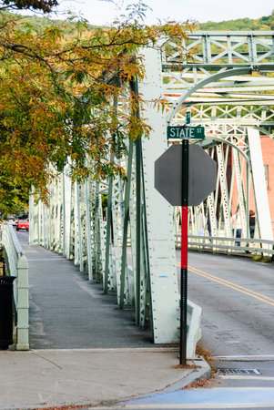 Shelburne Falls Truss Bridge across Deerfield River in Shelburne Falls, Massachusettsの写真素材