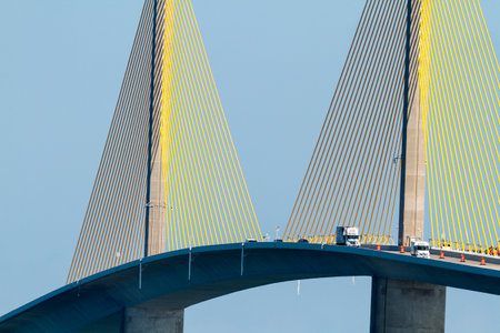 Tampa Bay, Florida, USA - February 28, 2010: Fan-like arrays of steel cables loom over deck of Sunshine Skyway Bridgeのeditorial素材