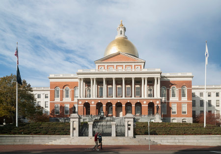 Boston, Massachusetts, USA - November 10, 2007: Strollers walking past Massachusetts State House on autumn dayのeditorial素材