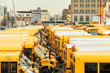New York, New York, USA - December 30, 2007: Densely packed collection of school buses at Coney...
