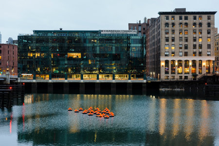 Boston, Massachusetts, USA - November 17, 2016: Artistic piece entitled Safety Orange Swimmers created by Ann Hirsch and Jeremy Angier--floating in Fort Point Channelのeditorial素材