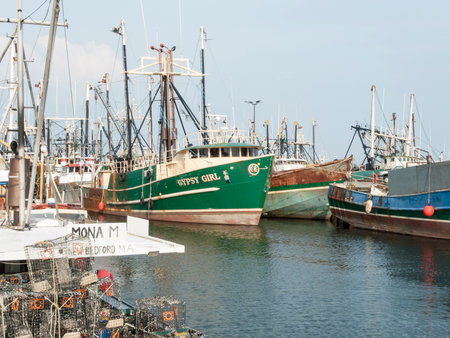 New Bedford, Massachusetts, USA - July 11, 2017: Fishing vessels docked along New Bedford waterfrontのeditorial素材