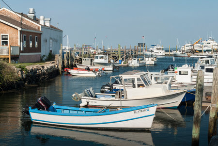 Wickford, Rhode Island, USA - September 3, 2007: Small boats lining waterfront in Wickford Coveのeditorial素材