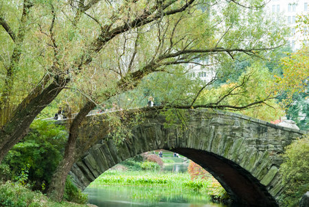 New York, New York, USA - October 25, 2008: Pedestrians in and around the Gapstow Bridge in Central Parkのeditorial素材