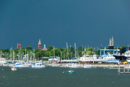 Fairhaven, Massachusetts, USA - June 22, 2007: Summer storm darkening the sky over the Acushnet Riverのeditorial素材