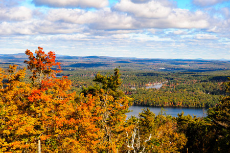 Wachusett Mountain autumn view across lakes and hillsの写真素材
