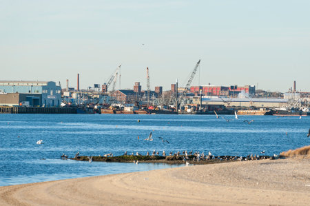 New Bedford, Massachusetts, USA - December 21, 2017: New Bedford waterfront from hurricane barrier looking across Palmer's Islandのeditorial素材