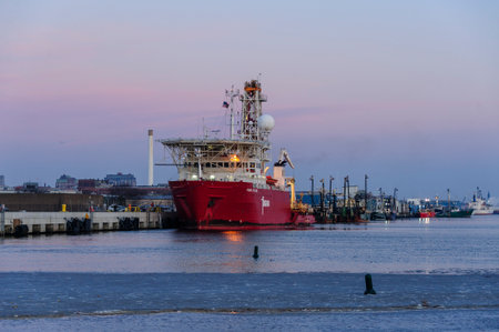 New Bedford, Massachusetts, USA - January 19, 2018: Geotechnical drill ship Fugro Explorer in...