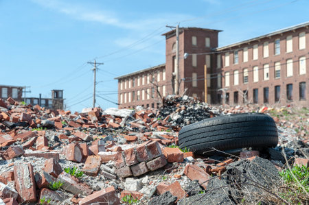 Growing debris field from years-old factory fire in Fall River, Massachusettsの写真素材