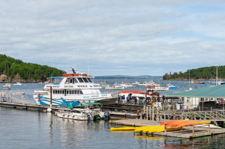 Bar Harbor, Maine, USA - September 12, 2010: Bar Harbor waterfront packed with a variety of...