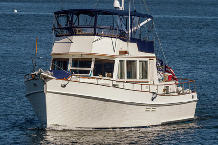 New Bedford, Massachusetts, USA - June 15, 2019: Motor yacht Chaffey's Lock, hailing port Buzzards...