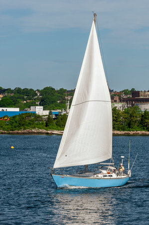 New Bedford, Massachusetts, USA - June 15, 2019: Sailboat Buckwheat, hailing port Rockland, Massachusetts, under sail and heading toward Buzzards Bayのeditorial素材