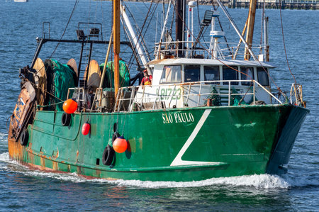 New Bedford, Massachusetts, USA - June 10, 2019: Commercial fishing vessel Sao Paulo returning from...