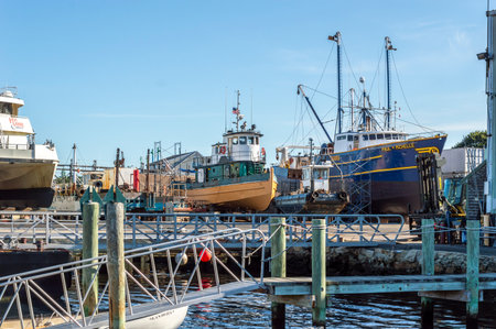 Fairhaven, Massachusetts, USA - August 11, 2019: Tug Bucky and other boats hauled out at Fairhaven Shipyardのeditorial素材