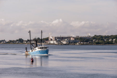 New Bedford, Massachusetts, USA - August 27, 2019: Commercial fishing boat Miss Taylor, hailing port Atlantic City, New Jersey, crossing New Bedford outer harborのeditorial素材