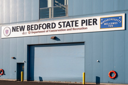 New Bedford, Massachusetts, USA - November 30, 2019: Welcome sign on recently renovated  State Pier...