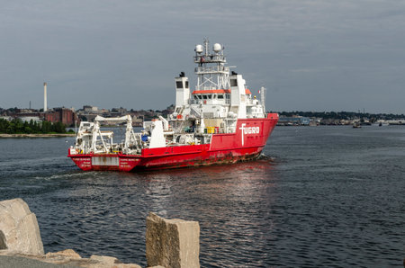 New Bedford, Massachusetts, USA â€“ July 22, 2019: Geophysical  survey  vessel Fugro Searcher...
