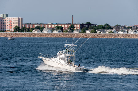 New Bedford, Massachusetts, USA - July 31, 2019: Yacht Sandra Lee crossing New Bedford outer harbor...