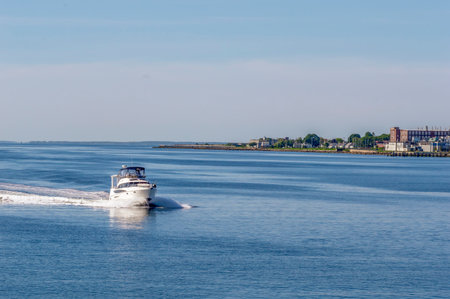 New Bedford, Massachusetts, USA - June 9, 2019: Motor yacht On My Own V cruising toward New Bedfordのeditorial素材