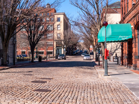 New Bedford Massachusetts, USA - March 10, 2018: Good view of stretch of cobblestones on early morning in New Bedford Historic Districtのeditorial素材