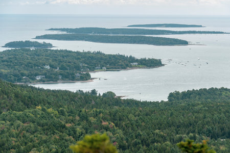 Hazy morning view toward Cranberry Islands from summit of Beech Mountainの写真素材