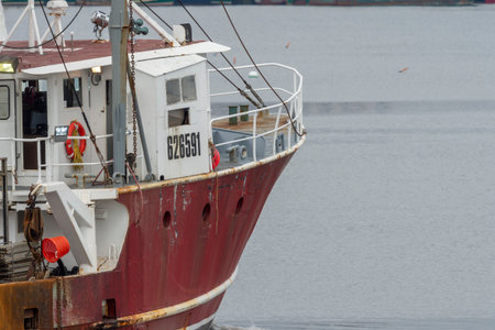 New Bedford, Massachusetts, USA - May 7, 2018: Bow of commercial fishing vessel Sea Ranger as it...