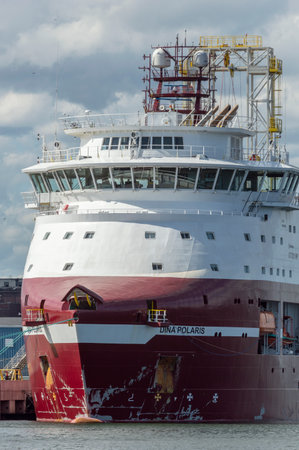 New Bedford, Massachusetts, USA - April 24, 2018: Massive bow of drilling vessel Dina Polarisのeditorial素材