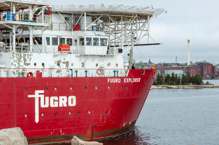 New Bedford, Massachusetts, USA - May 10, 2018: Geotechnical drilling ship Fugro Explorer transiting...