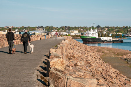 Fairhaven, Massachusetts, USA - May 21, 2020: Walkers getting some early morning exercise as offshore supply vessel Go Liberty leaves New Bedfordのeditorial素材
