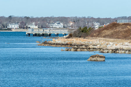 Dock at University of Massachusetts Dartmouth's School for Marine Science & Technology on Clark's Cove, seen from Fort Taber Parkのeditorial素材