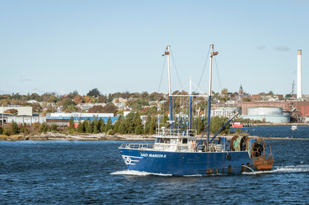 New Bedford, Massachusetts, USA - October 30, 2018: Commercial fishing trawler Sao Marcos II leaving New Bedford on Acushnet Riverのeditorial素材
