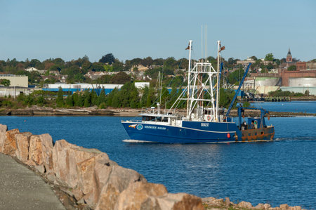 New Bedford, Massachusetts, USA - October 19, 2018: Commercial fishing vessel George's Banks nearing New Bedford hurricane barrierのeditorial素材