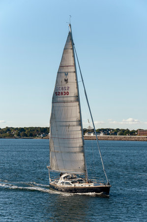 New Bedford, Massachusetts, USA - October 19, 2018: Sailboat Kismet, hailing port Newport, Rhode Island, crossing New Bedford outer harborのeditorial素材