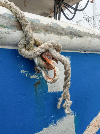 Corroded shackle, frayed line and paint patches on old fishing boat