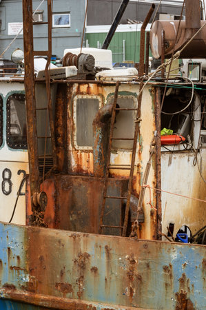 New Bedford, Massachusetts, USA - September 8, 2018: Dilapidated superstructure on old fishing boat docked in New Bedford harborのeditorial素材